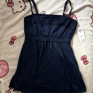 Hollister Navy Blue Easy Lace Trim Babydoll Top